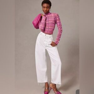 Anthropologie Pilcro Plaid Turtleneck Long Sleeve Top Pink  Sheer Med MSRP$68.00